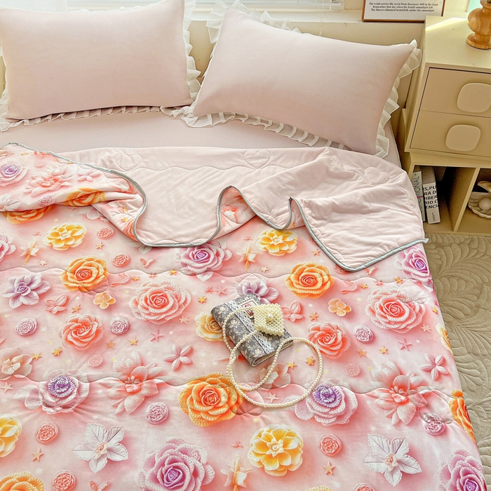 91家纺网 家纺一手货源 找家纺 栩裕纺织 2026新款（常年不断货）5D立体凉感丝夏被仿锦氨空调被冰淇淋夏凉被 爱心玫瑰