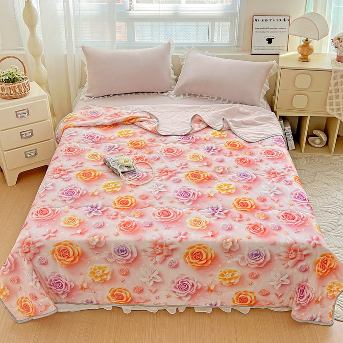 栩裕纺织 2026新款（常年不断货）5D立体凉感丝夏被仿锦氨空调被冰淇淋夏凉被 爱心玫瑰