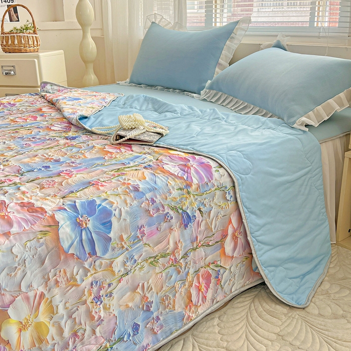 91家纺网 家纺一手货源 找家纺 栩裕纺织 2026新款（常年不断货）5D立体凉感丝夏被仿锦氨空调被冰淇淋夏凉被 浮雕花