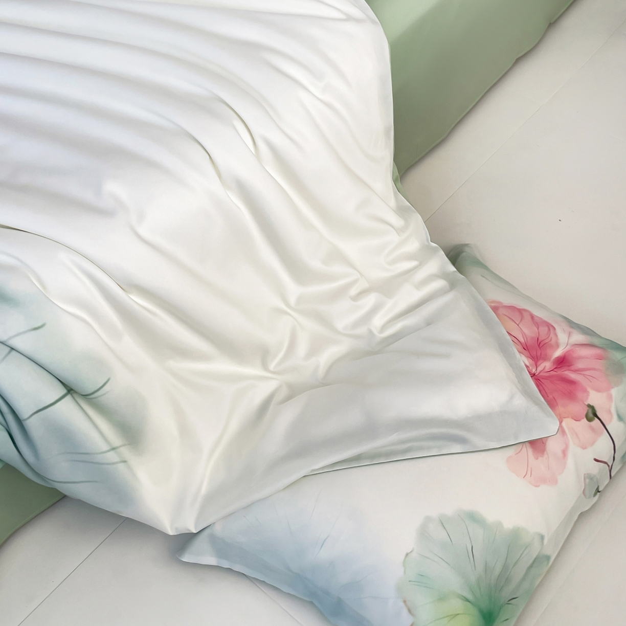 91家纺网 家纺一手货源 找家纺 金奇达家纺 2026新款茧养天丝棉四件套-朝颜（标准号全网控价（折后券后）不低于268元) 朝颜-水云绿