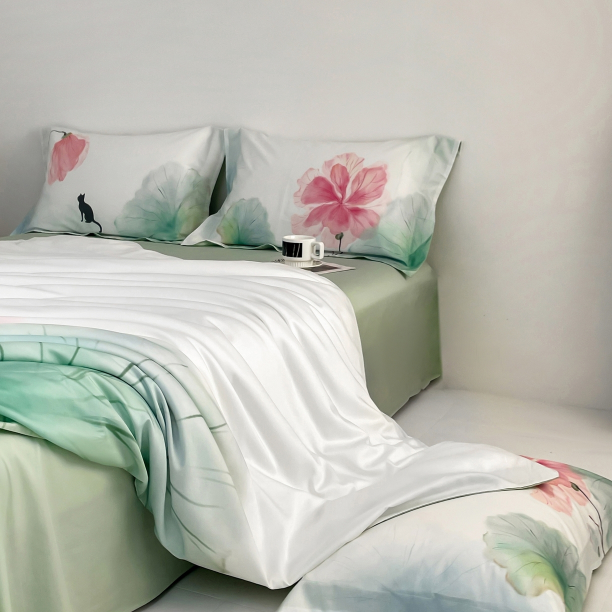 91家纺网 家纺一手货源 找家纺 金奇达家纺 2026新款茧养天丝棉四件套-朝颜（标准号全网控价（折后券后）不低于268元) 朝颜-水云绿