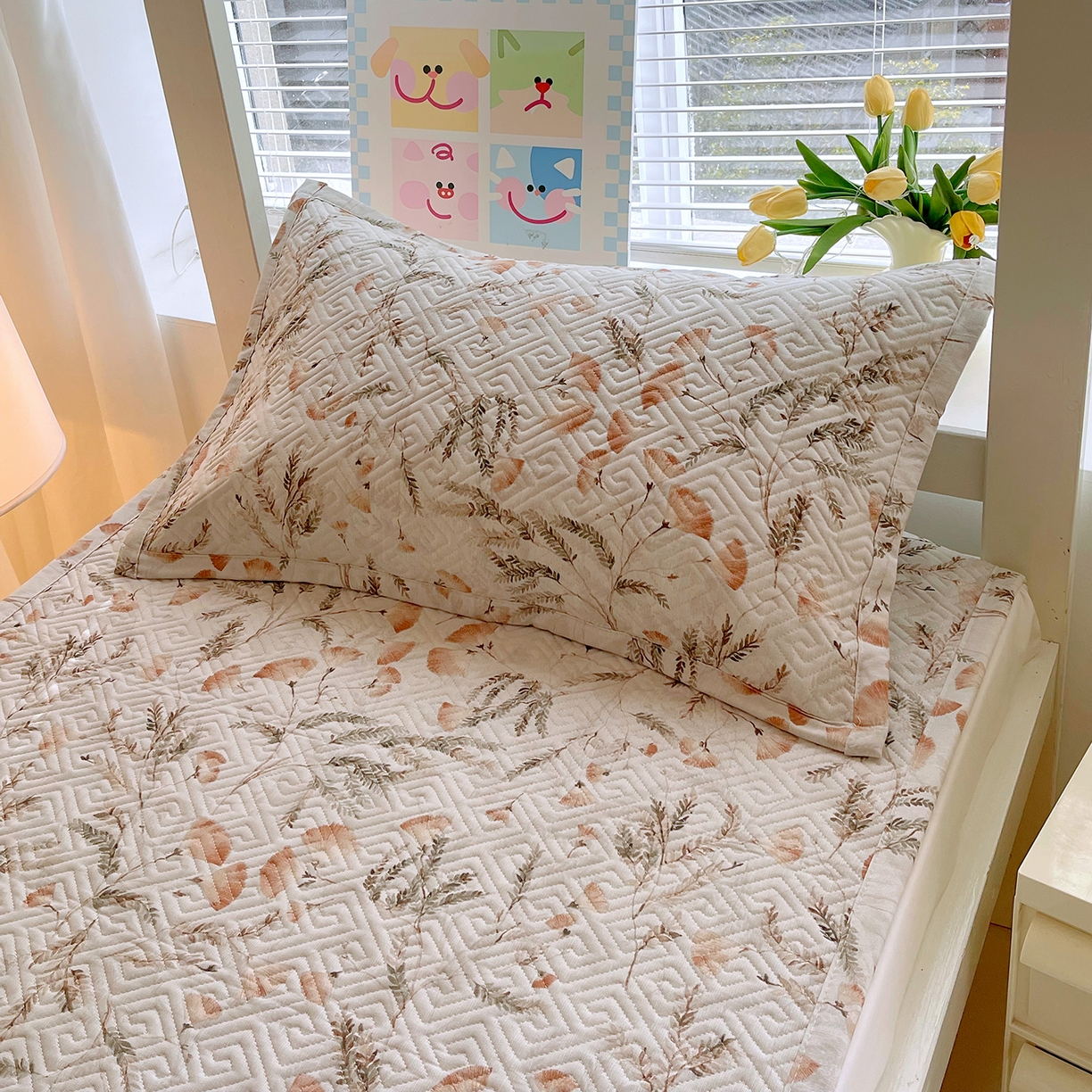 金鑫汇家纺 2026春夏新款学生床新花型老粗布床盖夹棉软凉席席子可以机洗 学生床-月下花影·桔