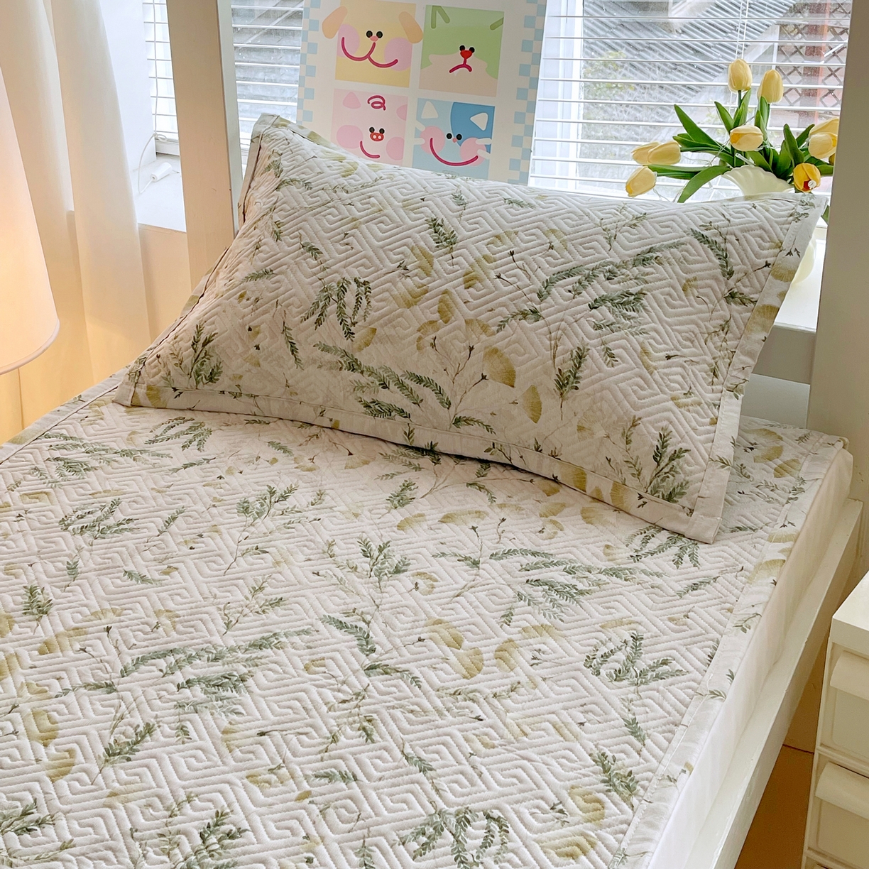 金鑫汇家纺 2026春夏新款学生床新花型老粗布床盖夹棉软凉席席子可以机洗 学生床-月下花影-绿