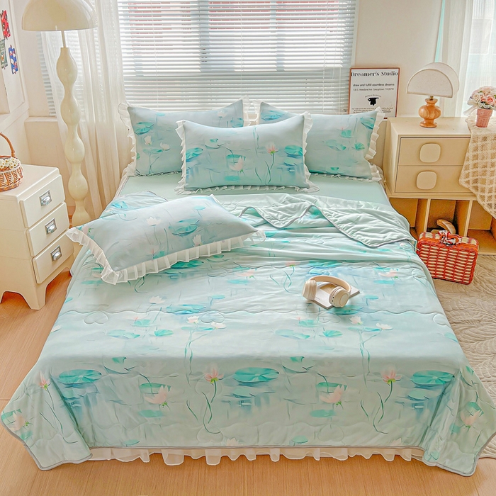 91家纺网 家纺一手货源 找家纺 栩裕纺织 2026新款（常年不断货）夏被凉感丝包边夏凉被跑量款空调被礼品被 荷塘月色