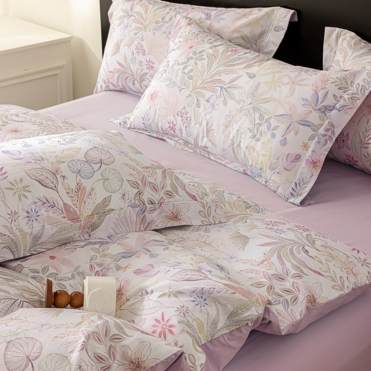 91家纺网 家纺一手货源 找家纺 莱豫家纺 2026新款50s阿克苏长绒棉数码印花四件套 婉柠紫