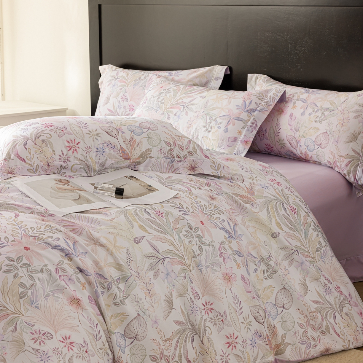 91家纺网 家纺一手货源 找家纺 莱豫家纺 2026新款50s阿克苏长绒棉数码印花四件套 婉柠紫