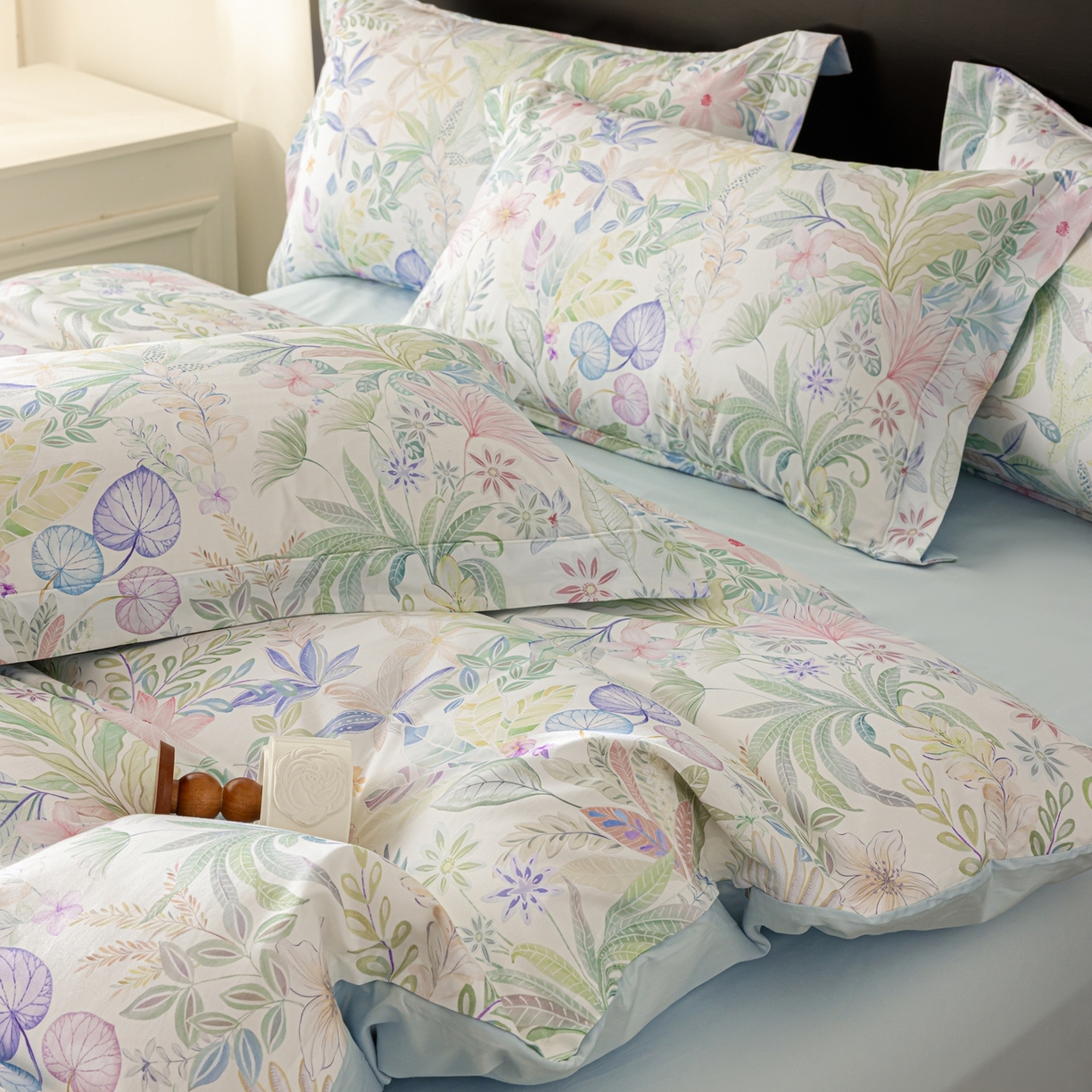 91家纺网 家纺一手货源 找家纺 莱豫家纺 2026新款50s阿克苏长绒棉数码印花四件套 晚柠绿