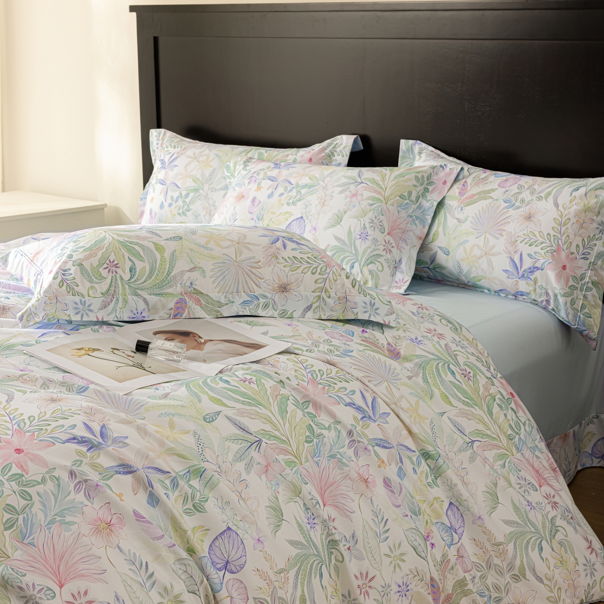 91家纺网 家纺一手货源 找家纺 莱豫家纺 2026新款50s阿克苏长绒棉数码印花四件套 晚柠绿