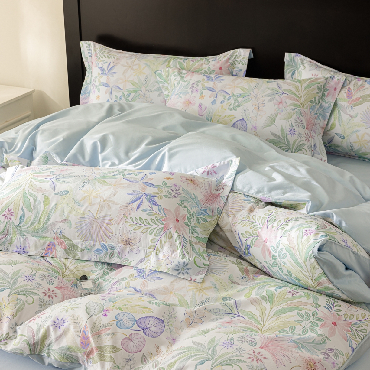 91家纺网 家纺一手货源 找家纺 莱豫家纺 2026新款50s阿克苏长绒棉数码印花四件套 晚柠绿