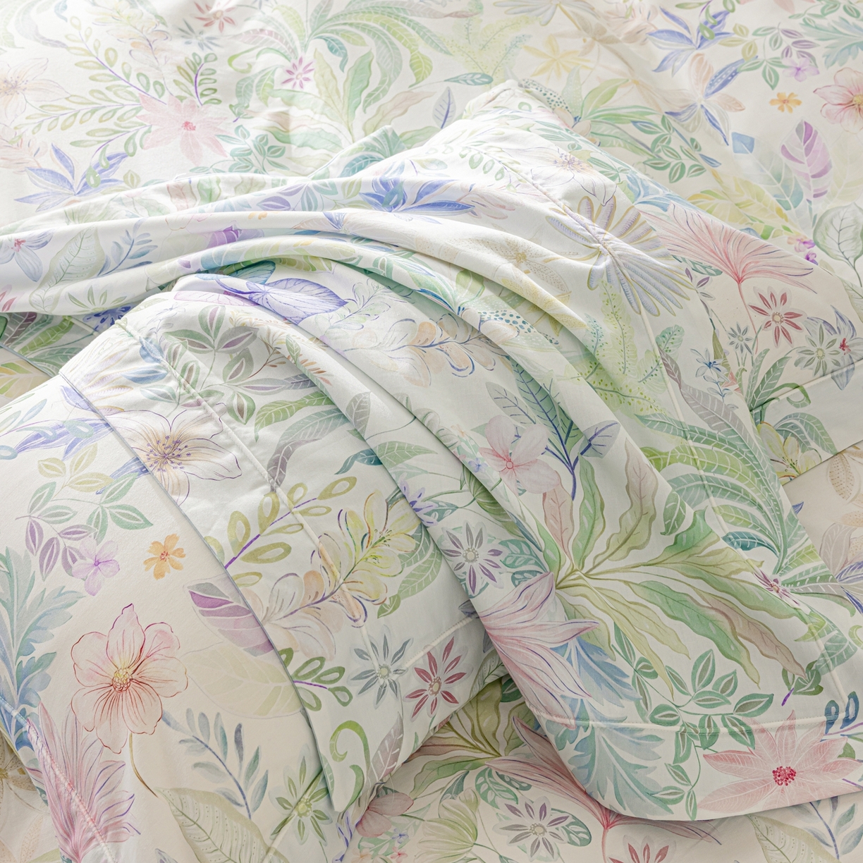 91家纺网 家纺一手货源 找家纺 莱豫家纺 2026新款50s阿克苏长绒棉数码印花四件套 晚柠绿