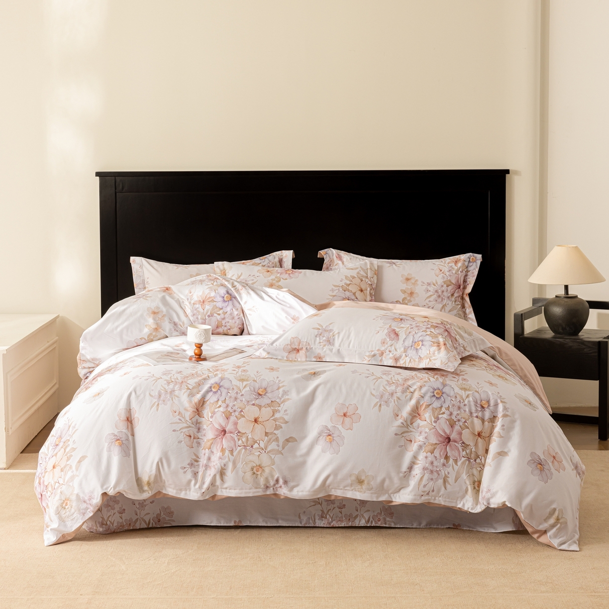 莱豫家纺 2026新款50s阿克苏长绒棉数码印花四件套 昕芸粉