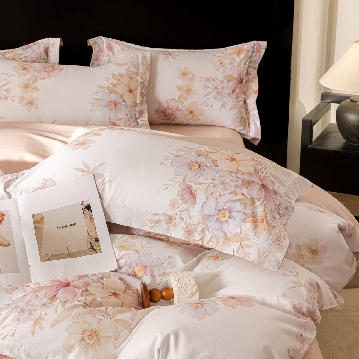 91家纺网 家纺一手货源 找家纺 莱豫家纺 2026新款50s阿克苏长绒棉数码印花四件套 昕芸粉