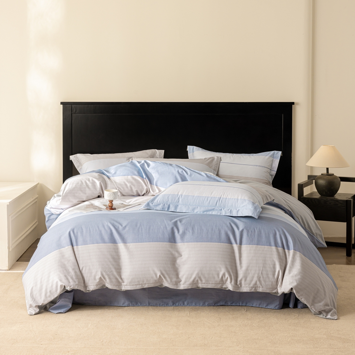 91家纺网 家纺一手货源 找家纺 莱豫家纺 2026新款50s阿克苏长绒棉数码印花四件套 明泽蓝