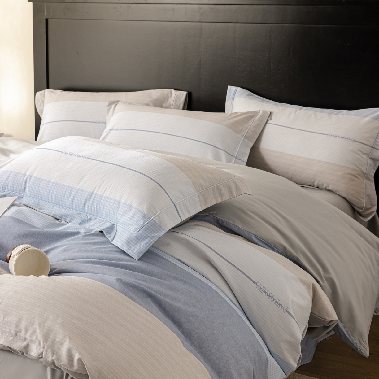 91家纺网 家纺一手货源 找家纺 莱豫家纺 2026新款50s阿克苏长绒棉数码印花四件套 明泽蓝