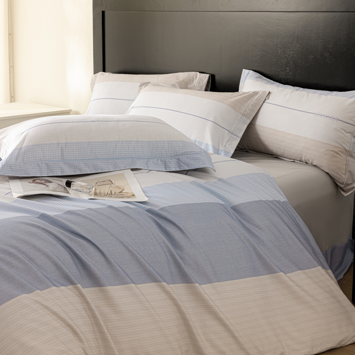 91家纺网 家纺一手货源 找家纺 莱豫家纺 2026新款50s阿克苏长绒棉数码印花四件套 明泽蓝