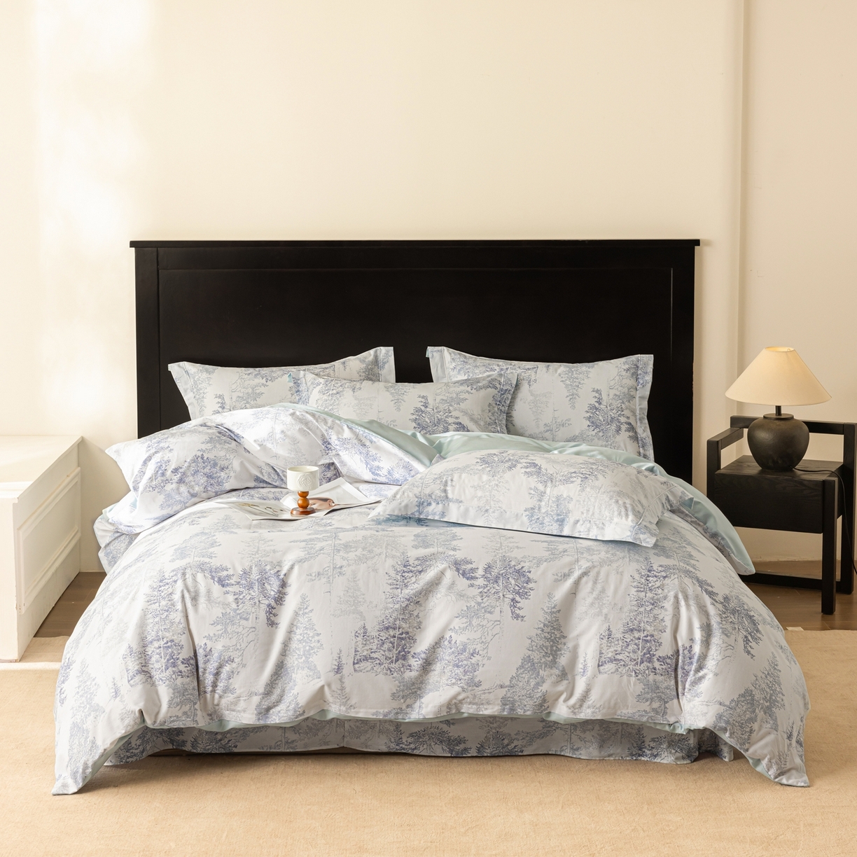 91家纺网 家纺一手货源 找家纺 莱豫家纺 2026新款50s阿克苏长绒棉数码印花四件套 景泽蓝