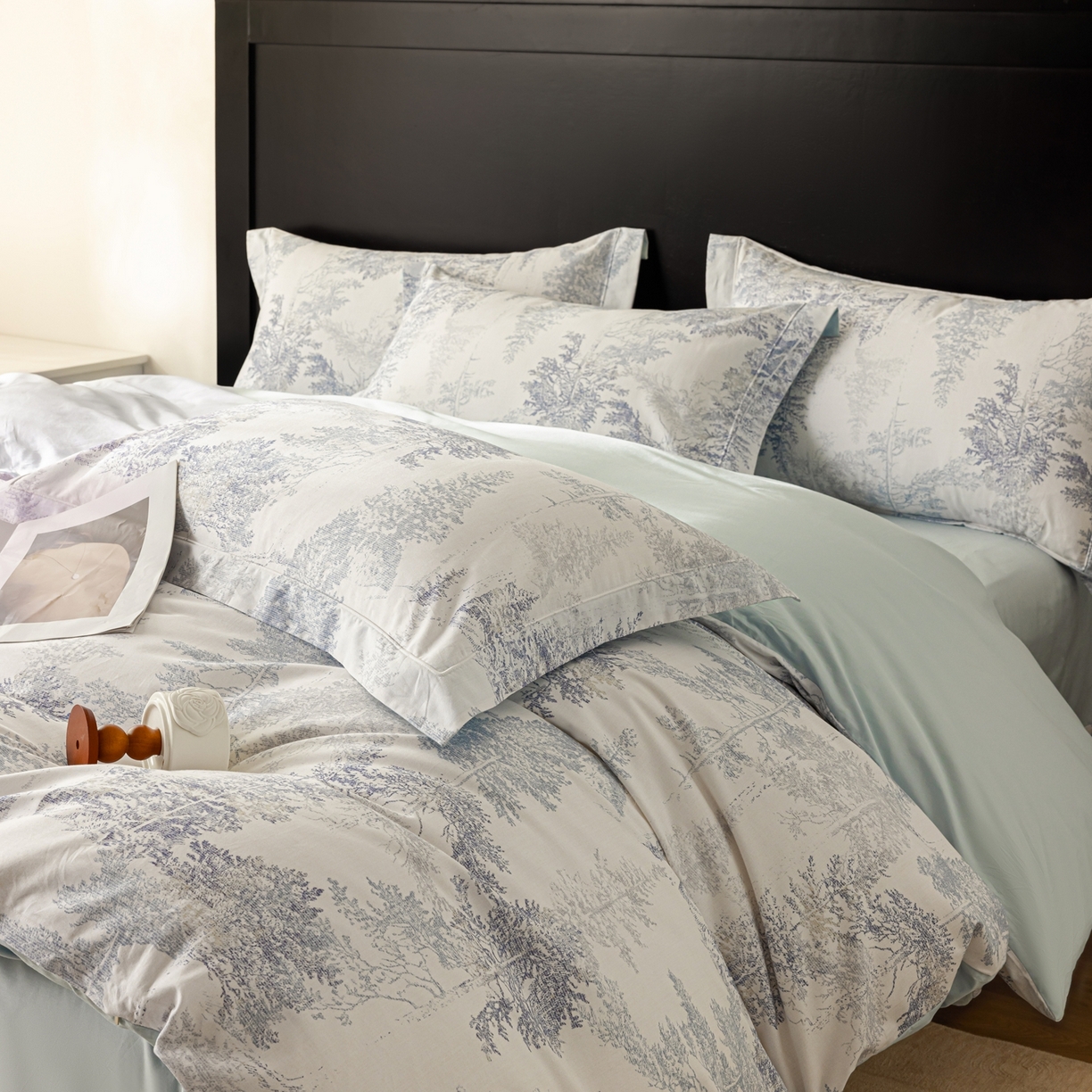 91家纺网 家纺一手货源 找家纺 莱豫家纺 2026新款50s阿克苏长绒棉数码印花四件套 景泽蓝