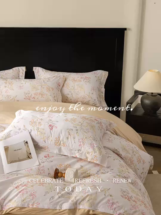 91家纺网 家纺一手货源 找家纺 莱豫家纺 2026新款50s阿克苏长绒棉数码印花四件套 槿初