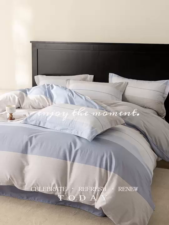 91家纺网 家纺一手货源 找家纺 莱豫家纺 2026新款50s阿克苏长绒棉数码印花四件套 明泽蓝