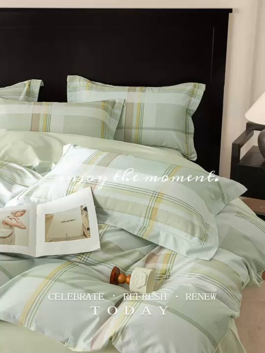 91家纺网 家纺一手货源 找家纺 莱豫家纺 2026新款50s阿克苏长绒棉数码印花四件套 卡洛斯绿