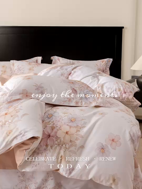 91家纺网 家纺一手货源 找家纺 莱豫家纺 2026新款50s阿克苏长绒棉数码印花四件套 昕芸粉