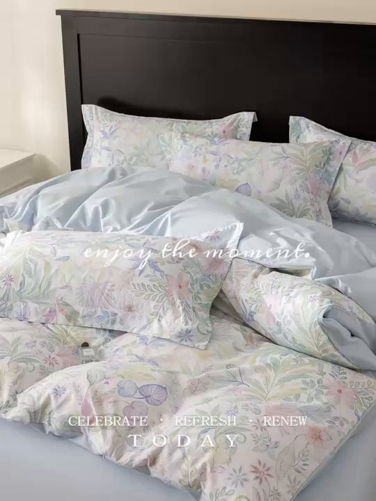 91家纺网 家纺一手货源 找家纺 莱豫家纺 2026新款50s阿克苏长绒棉数码印花四件套 晚柠绿