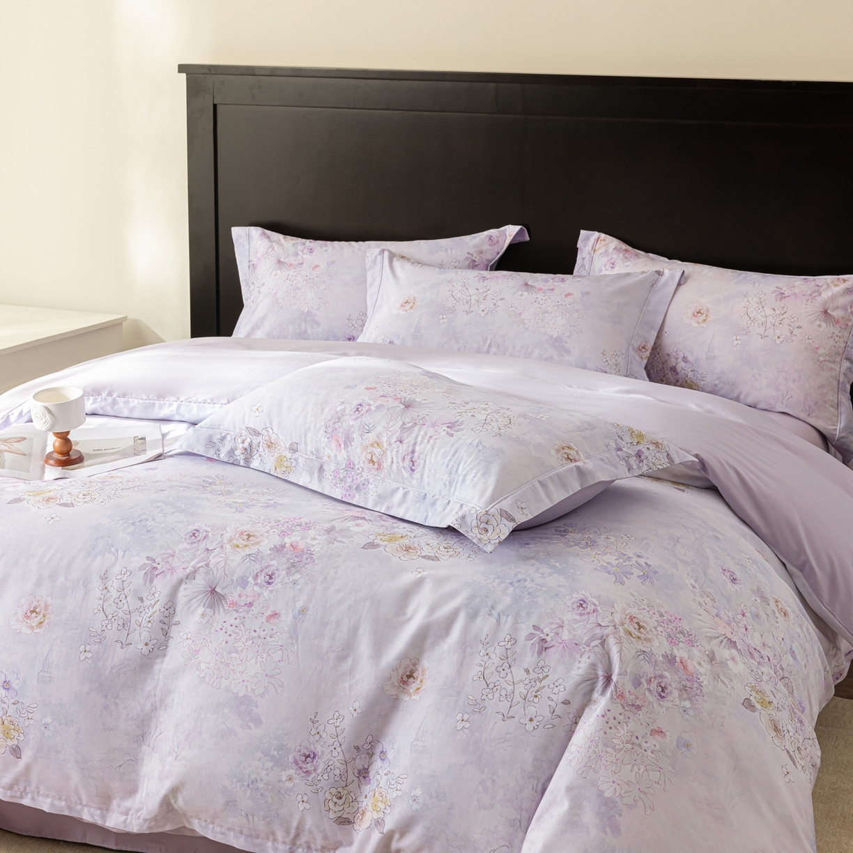 91家纺网 家纺一手货源 找家纺 莱豫家纺 2026新款50s阿克苏长绒棉数码印花四件套 南梦花园紫