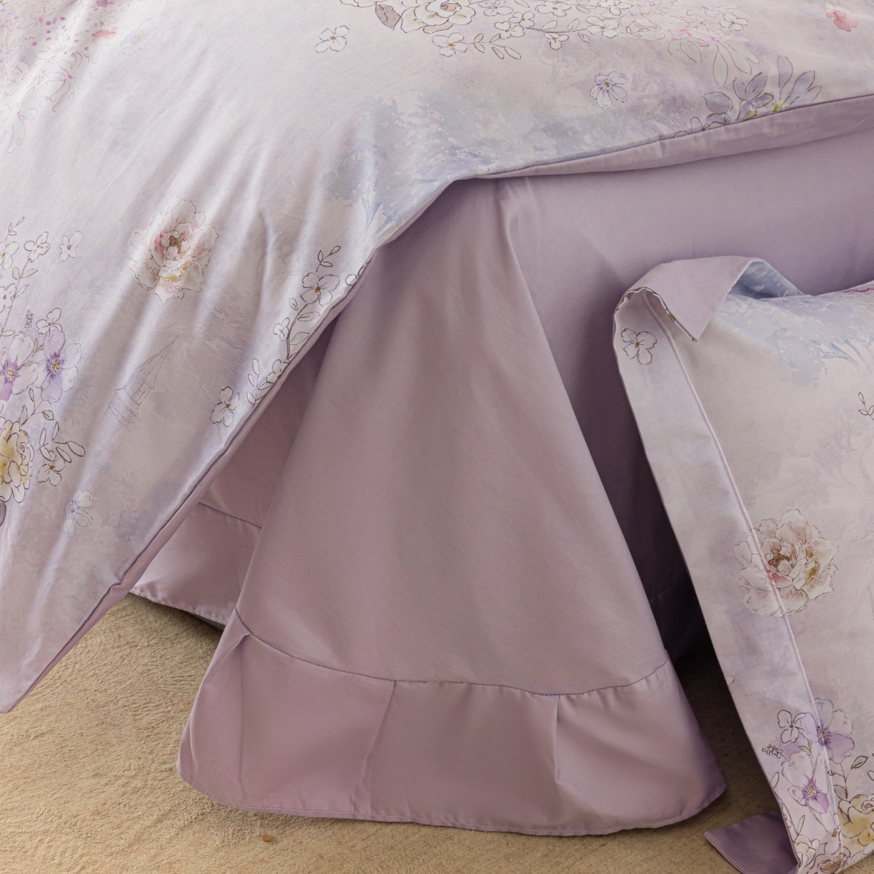 91家纺网 家纺一手货源 找家纺 莱豫家纺 2026新款50s阿克苏长绒棉数码印花四件套 南梦花园紫