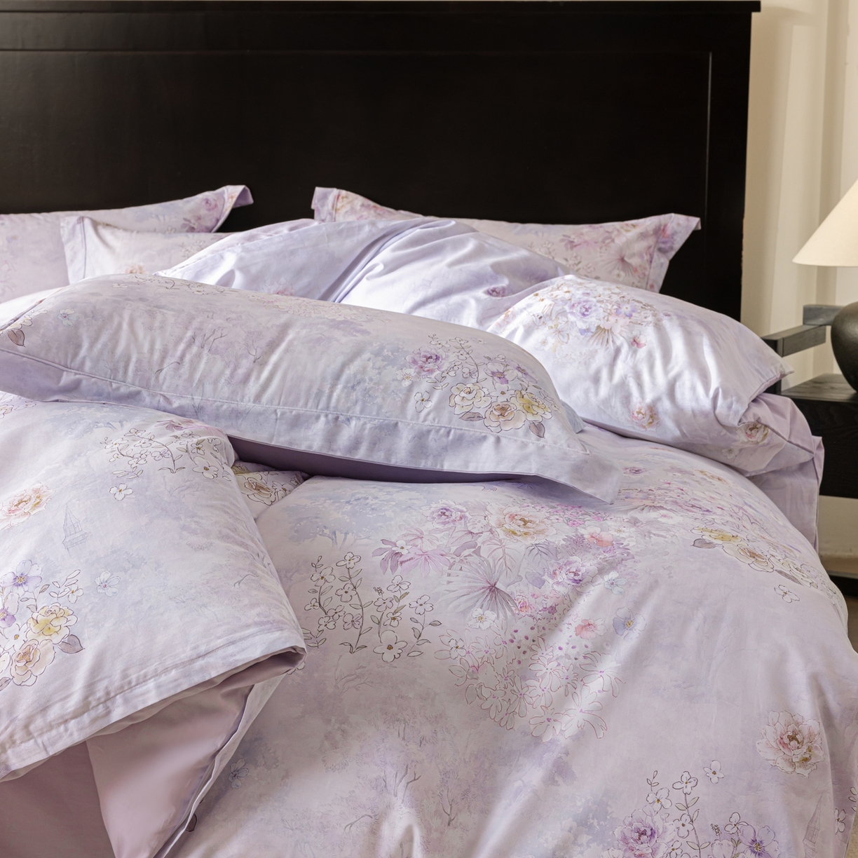 91家纺网 家纺一手货源 找家纺 莱豫家纺 2026新款50s阿克苏长绒棉数码印花四件套 南梦花园紫