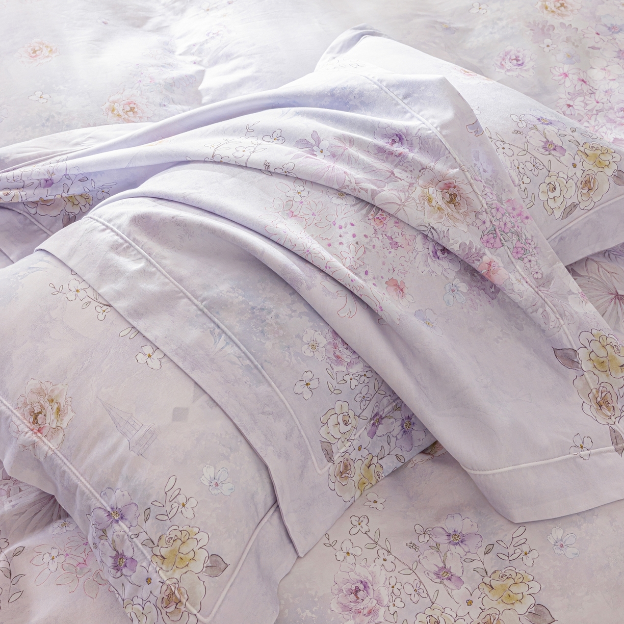 91家纺网 家纺一手货源 找家纺 莱豫家纺 2026新款50s阿克苏长绒棉数码印花四件套 南梦花园紫