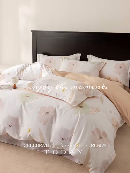 91家纺网 家纺一手货源 找家纺 莱豫家纺 2026新款50s阿克苏长绒棉数码印花四件套 诗韵