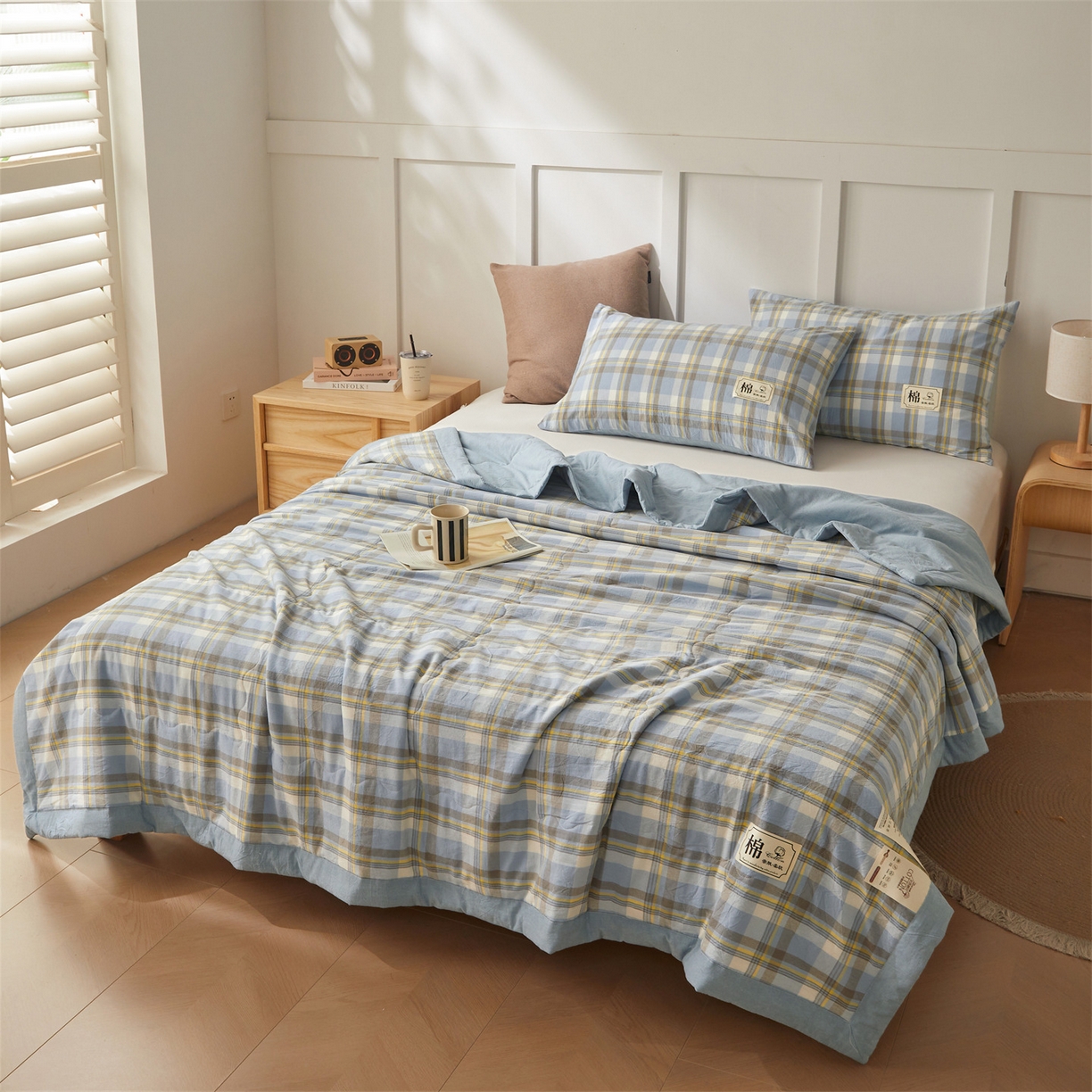 91家纺网 家纺一手货源 找家纺 招财星家纺 2026新款A类无印风100%新疆棉花夏被纯棉夏凉被空调被子薄被芯棉花被四件套 格韵-蓝灰