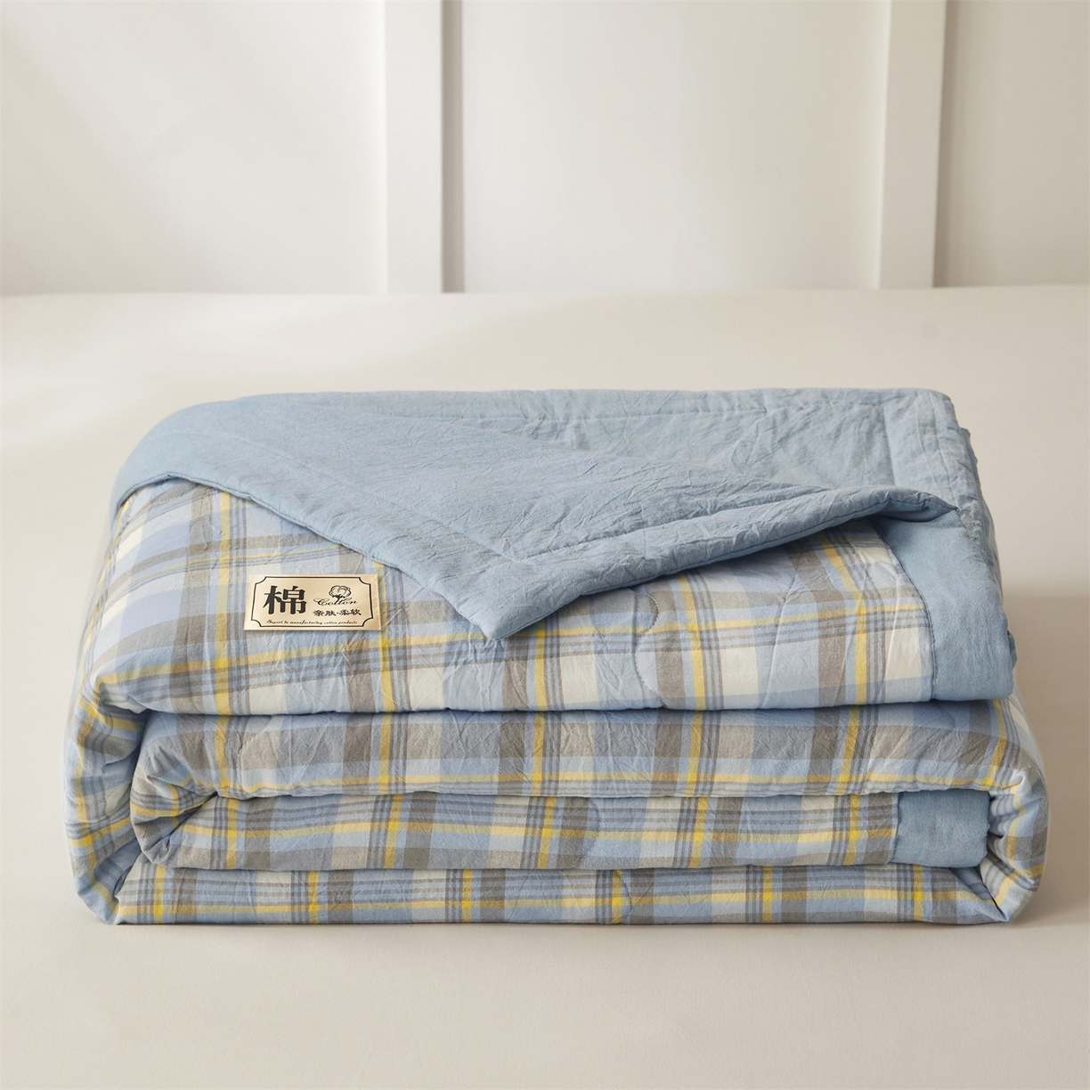 91家纺网 家纺一手货源 找家纺 招财星家纺 2026新款A类无印风100%新疆棉花夏被纯棉夏凉被空调被子薄被芯棉花被四件套 格韵-蓝灰