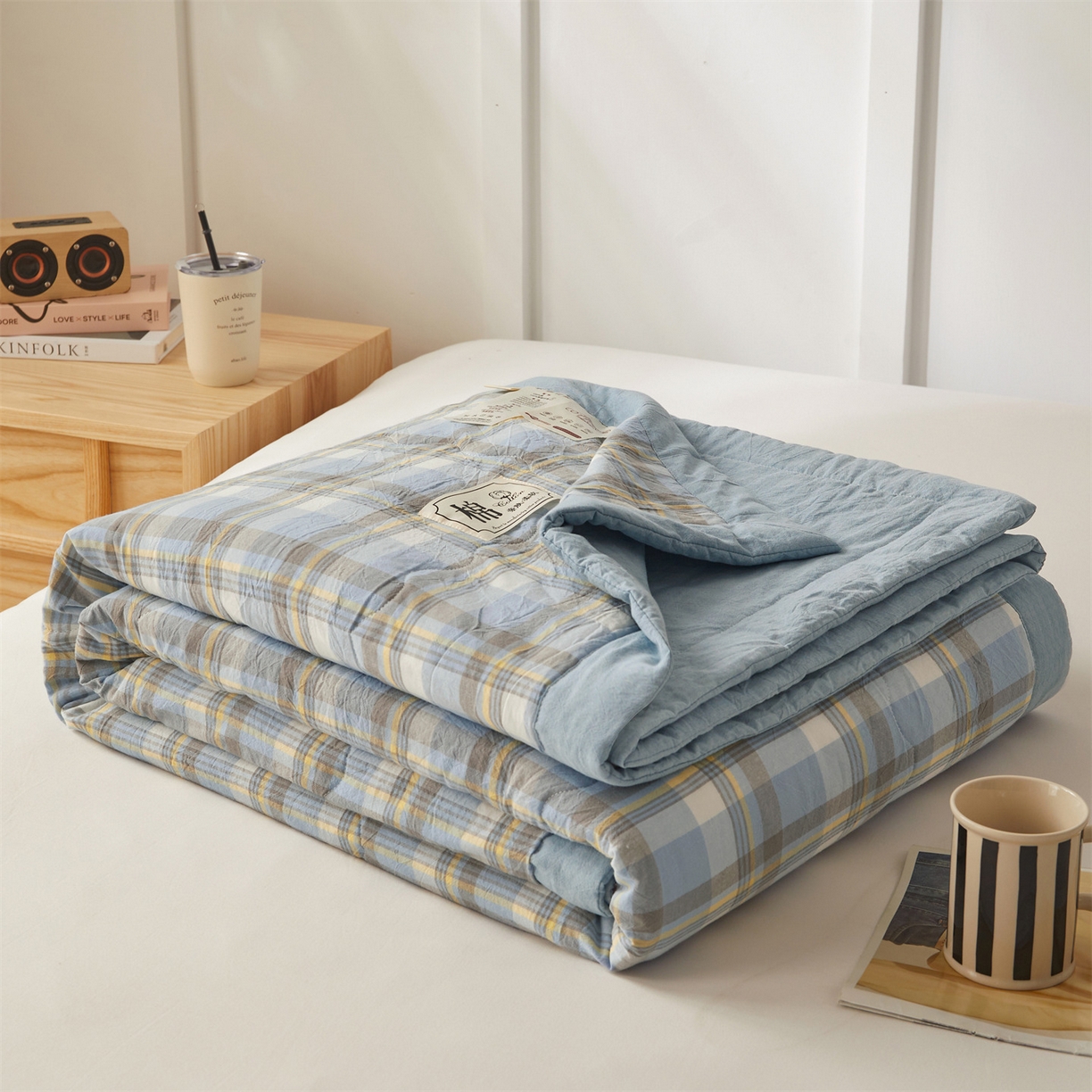 91家纺网 家纺一手货源 找家纺 招财星家纺 2026新款A类无印风100%新疆棉花夏被纯棉夏凉被空调被子薄被芯棉花被四件套 格韵-蓝灰