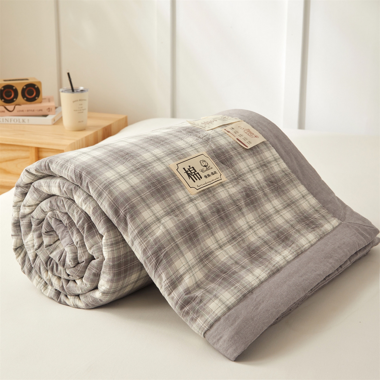 招财星家纺 2026新款A类无印风100%新疆棉花夏被纯棉夏凉被空调被子薄被芯棉花被四件套 格雅-灰