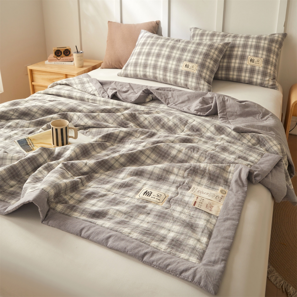 91家纺网 家纺一手货源 找家纺 招财星家纺 2026新款A类无印风100%新疆棉花夏被纯棉夏凉被空调被子薄被芯棉花被四件套 格雅-灰