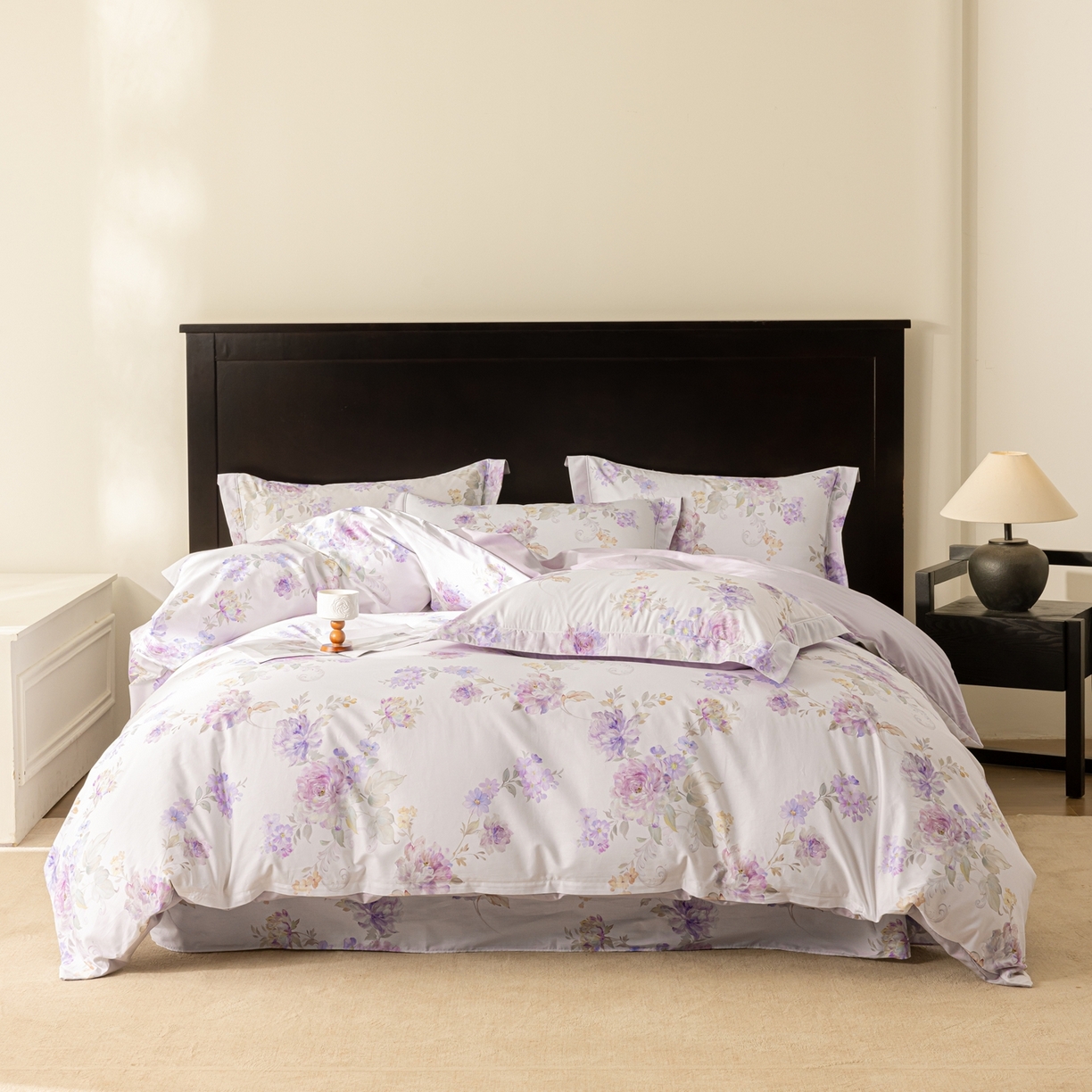 莱豫家纺 2026新款50s阿克苏长绒棉数码印花四件套 嘉卉紫