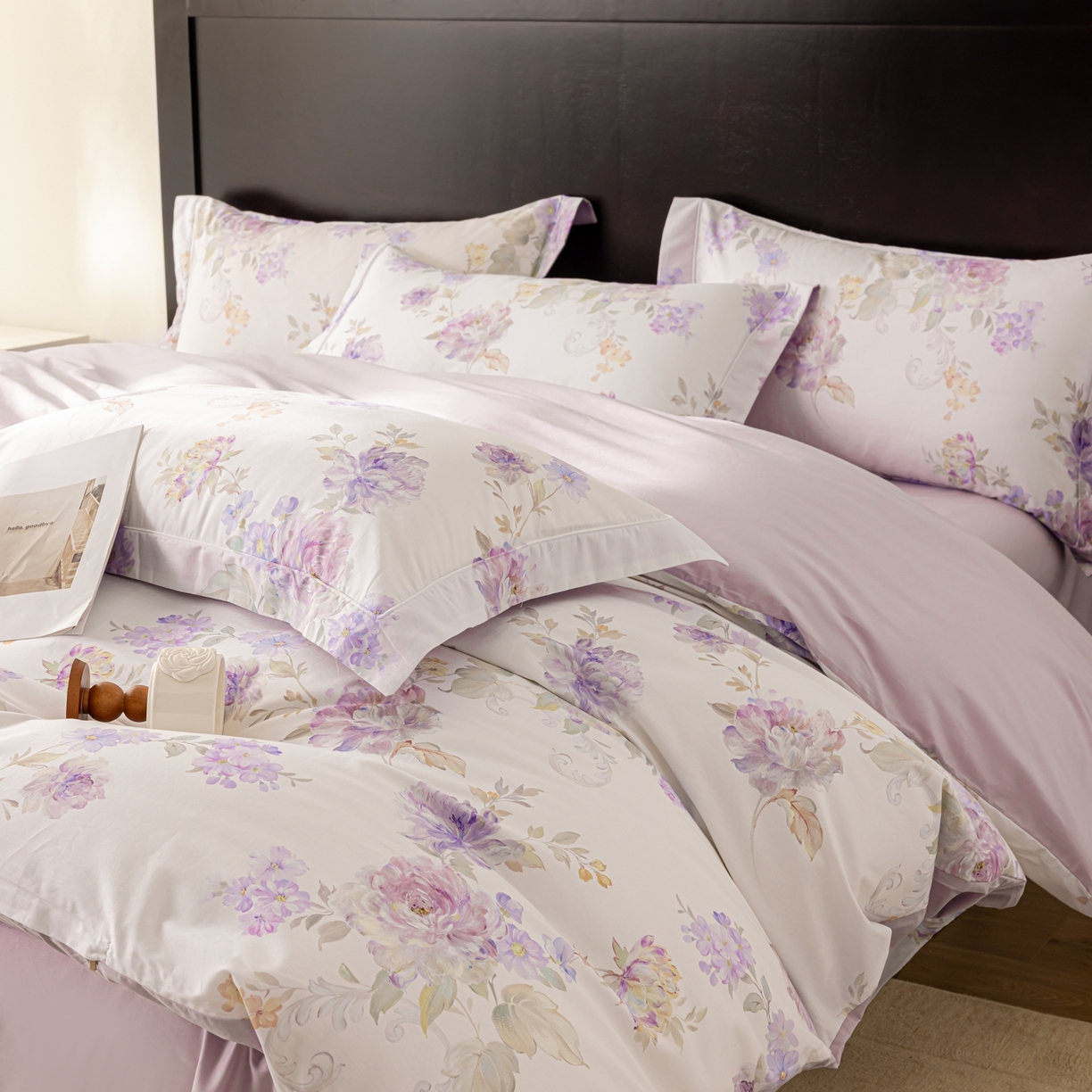 91家纺网 家纺一手货源 找家纺 莱豫家纺 2026新款50s阿克苏长绒棉数码印花四件套 嘉卉紫