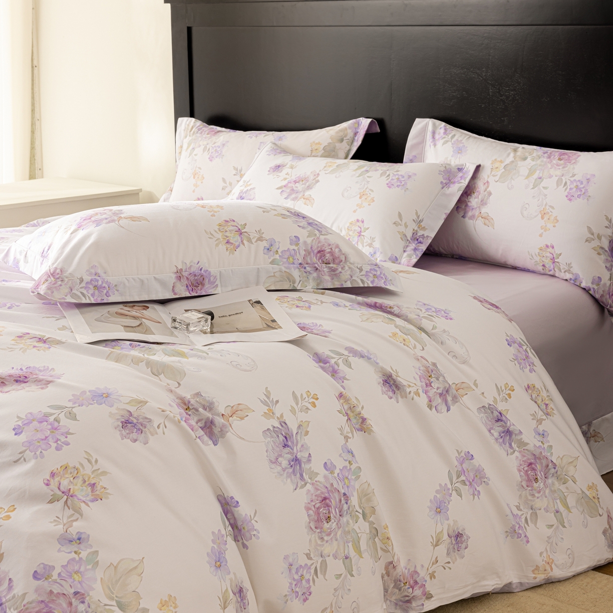 91家纺网 家纺一手货源 找家纺 莱豫家纺 2026新款50s阿克苏长绒棉数码印花四件套 嘉卉紫