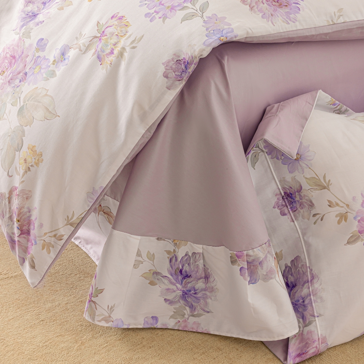 91家纺网 家纺一手货源 找家纺 莱豫家纺 2026新款50s阿克苏长绒棉数码印花四件套 嘉卉紫