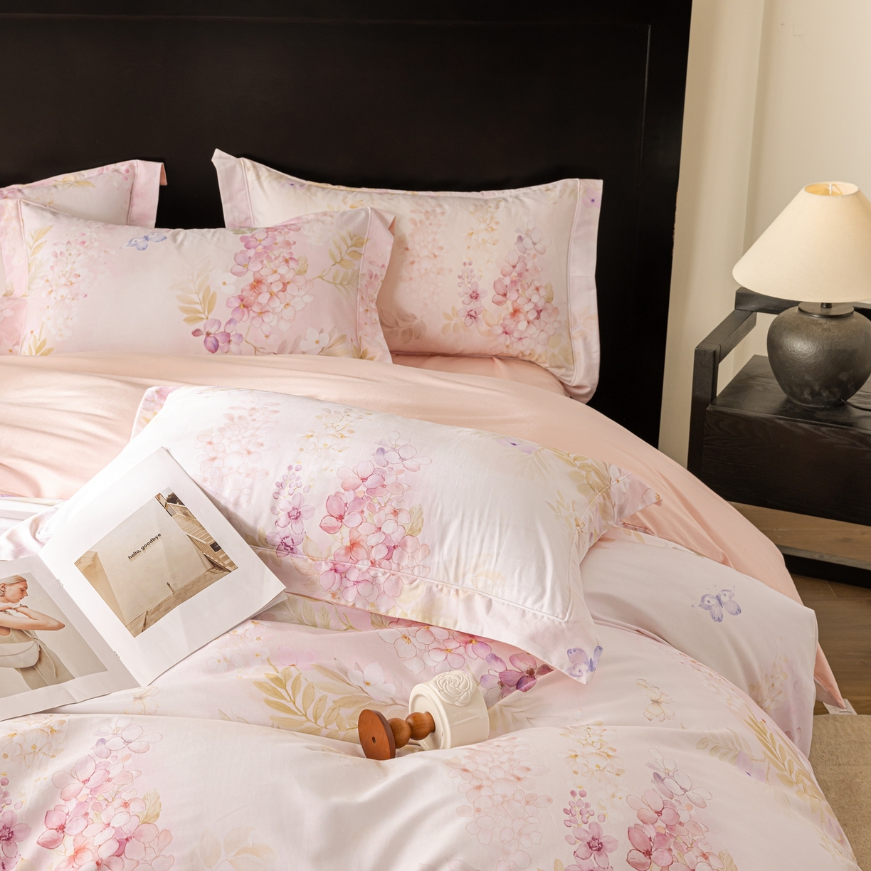 91家纺网 家纺一手货源 找家纺 莱豫家纺 2026新款50s阿克苏长绒棉数码印花四件套 风铃粉