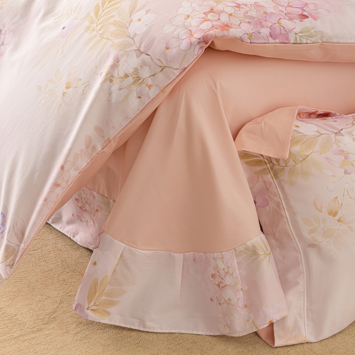 91家纺网 家纺一手货源 找家纺 莱豫家纺 2026新款50s阿克苏长绒棉数码印花四件套 风铃粉