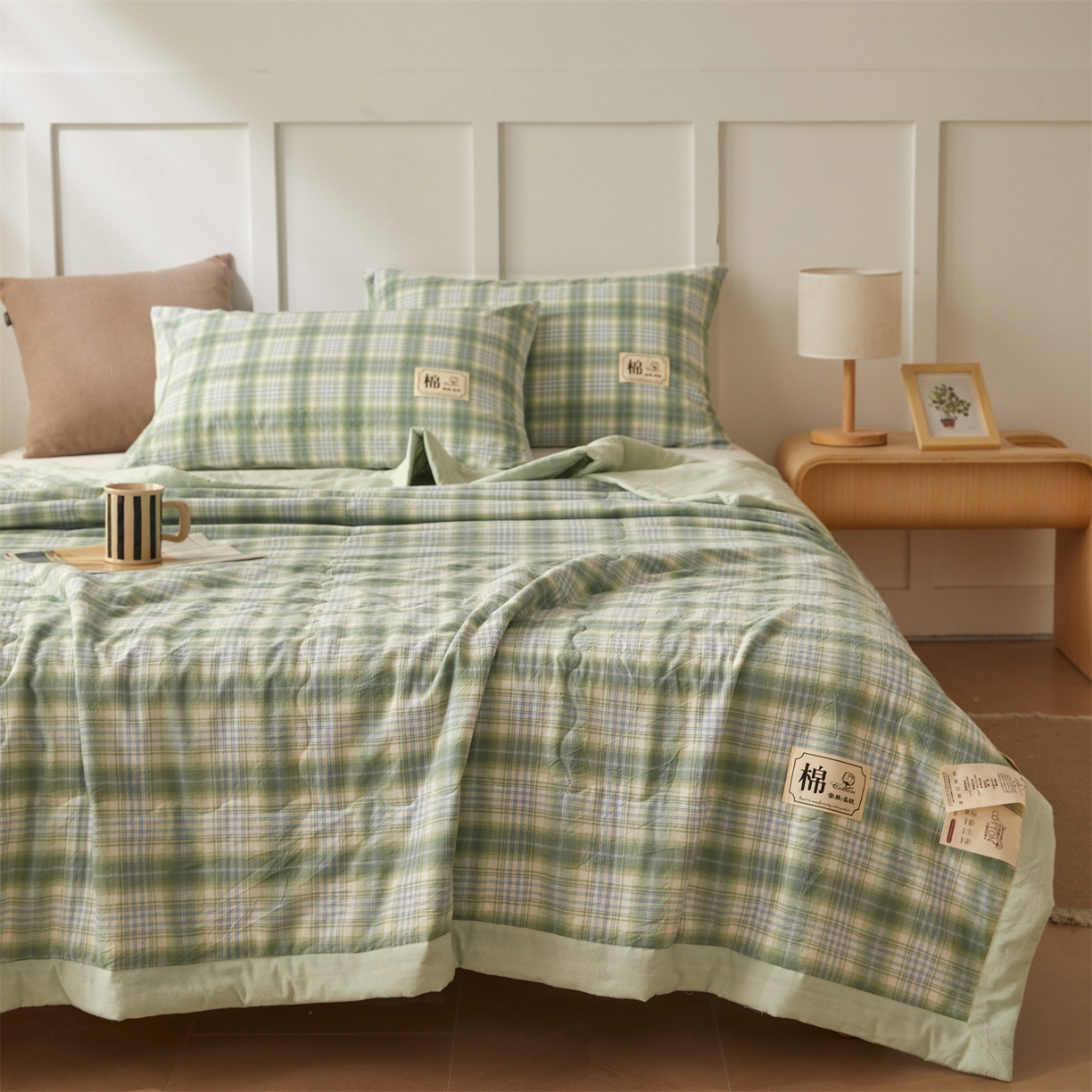 91家纺网 家纺一手货源 找家纺 招财星家纺 2026新款A类无印风100%新疆棉花夏被纯棉夏凉被空调被子薄被芯棉花被四件套 格雅-绿