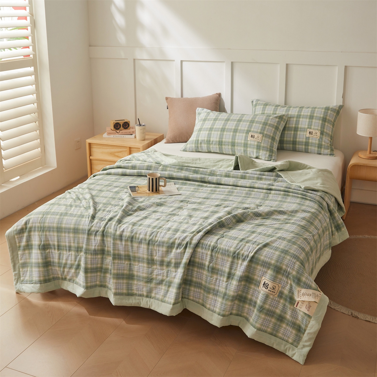 91家纺网 家纺一手货源 找家纺 招财星家纺 2026新款A类无印风100%新疆棉花夏被纯棉夏凉被空调被子薄被芯棉花被四件套 格雅-绿