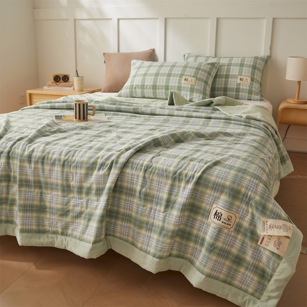 91家纺网 家纺一手货源 找家纺 招财星家纺 2026新款A类无印风100%新疆棉花夏被纯棉夏凉被空调被子薄被芯棉花被四件套 格雅-绿