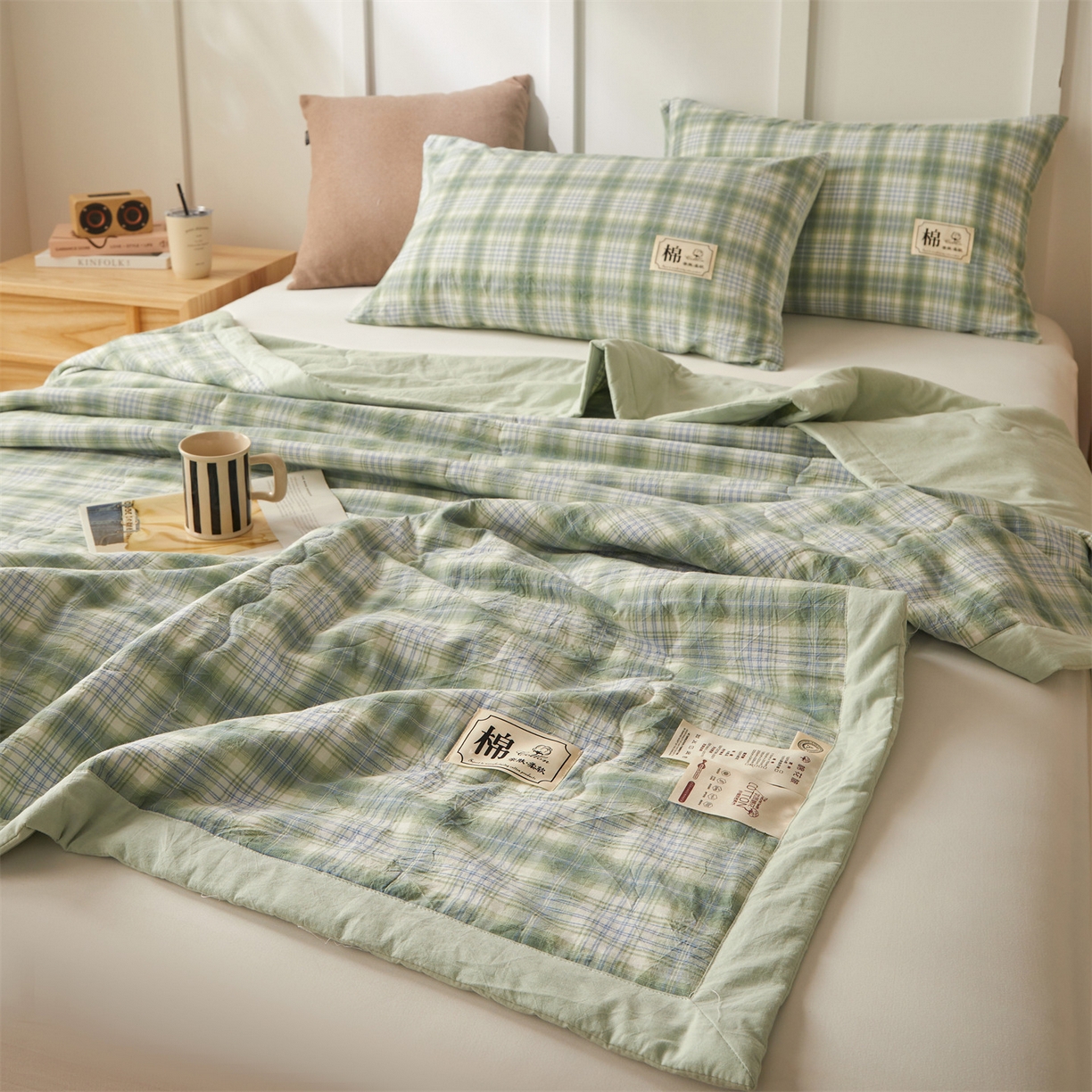 91家纺网 家纺一手货源 找家纺 招财星家纺 2026新款A类无印风100%新疆棉花夏被纯棉夏凉被空调被子薄被芯棉花被四件套 格雅-绿