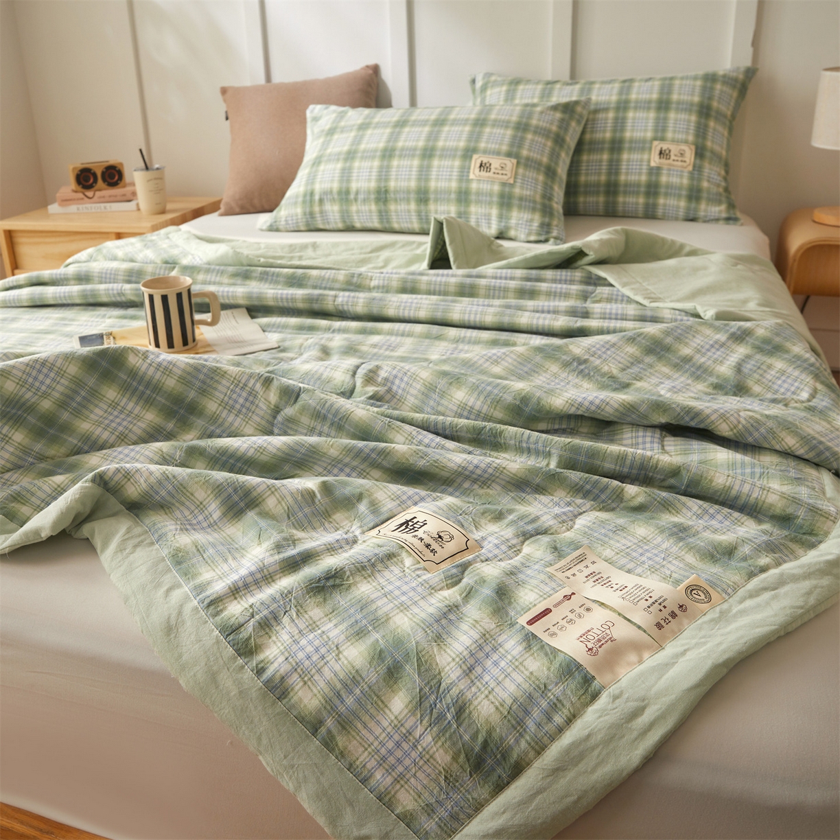 91家纺网 家纺一手货源 找家纺 招财星家纺 2026新款A类无印风100%新疆棉花夏被纯棉夏凉被空调被子薄被芯棉花被四件套 格雅-绿