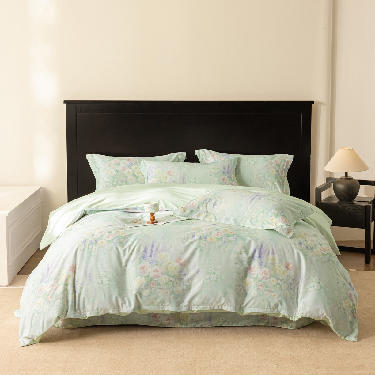 91家纺网 家纺一手货源 找家纺 莱豫家纺 2026新款50s阿克苏长绒棉数码印花四件套 花悦容