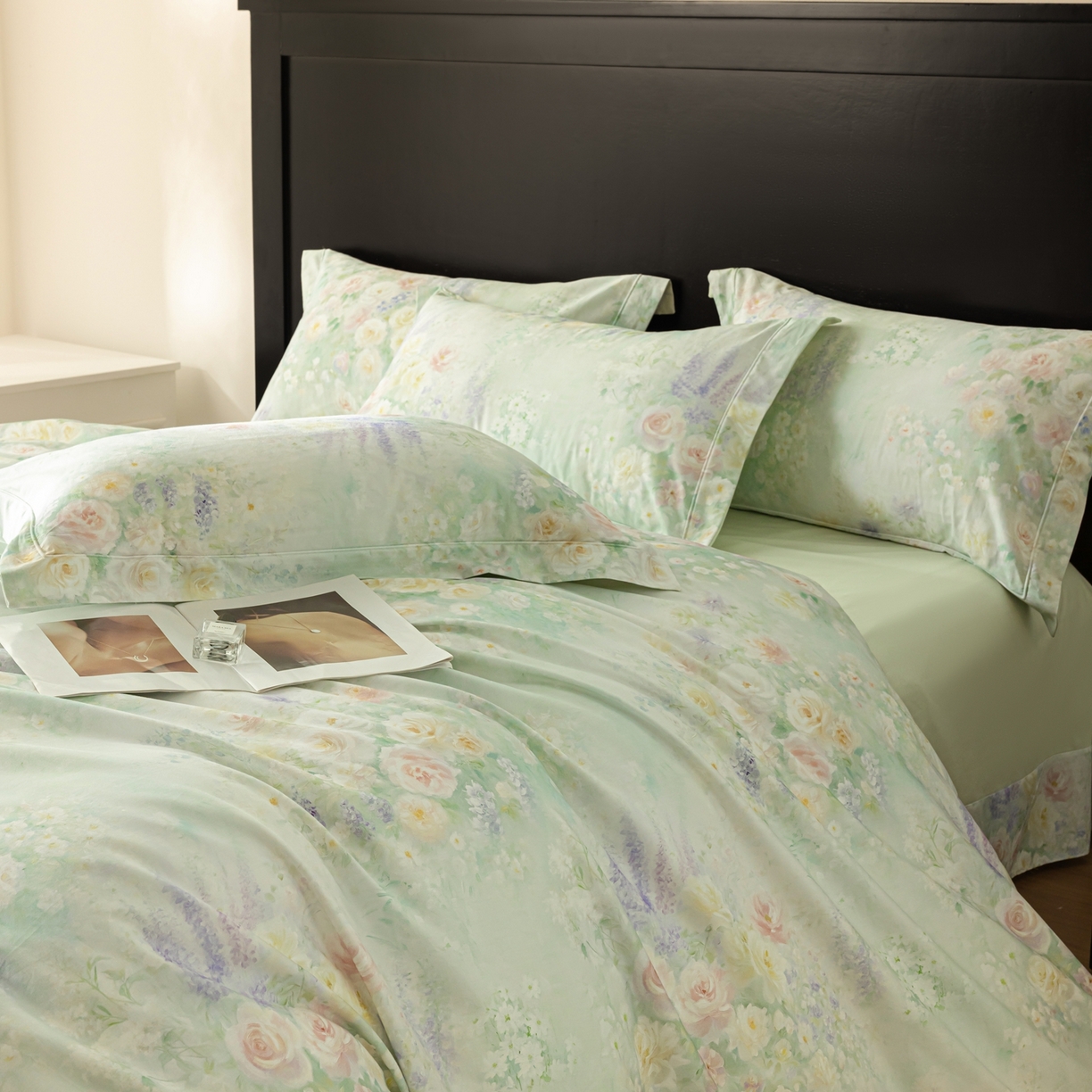 91家纺网 家纺一手货源 找家纺 莱豫家纺 2026新款50s阿克苏长绒棉数码印花四件套 花悦容