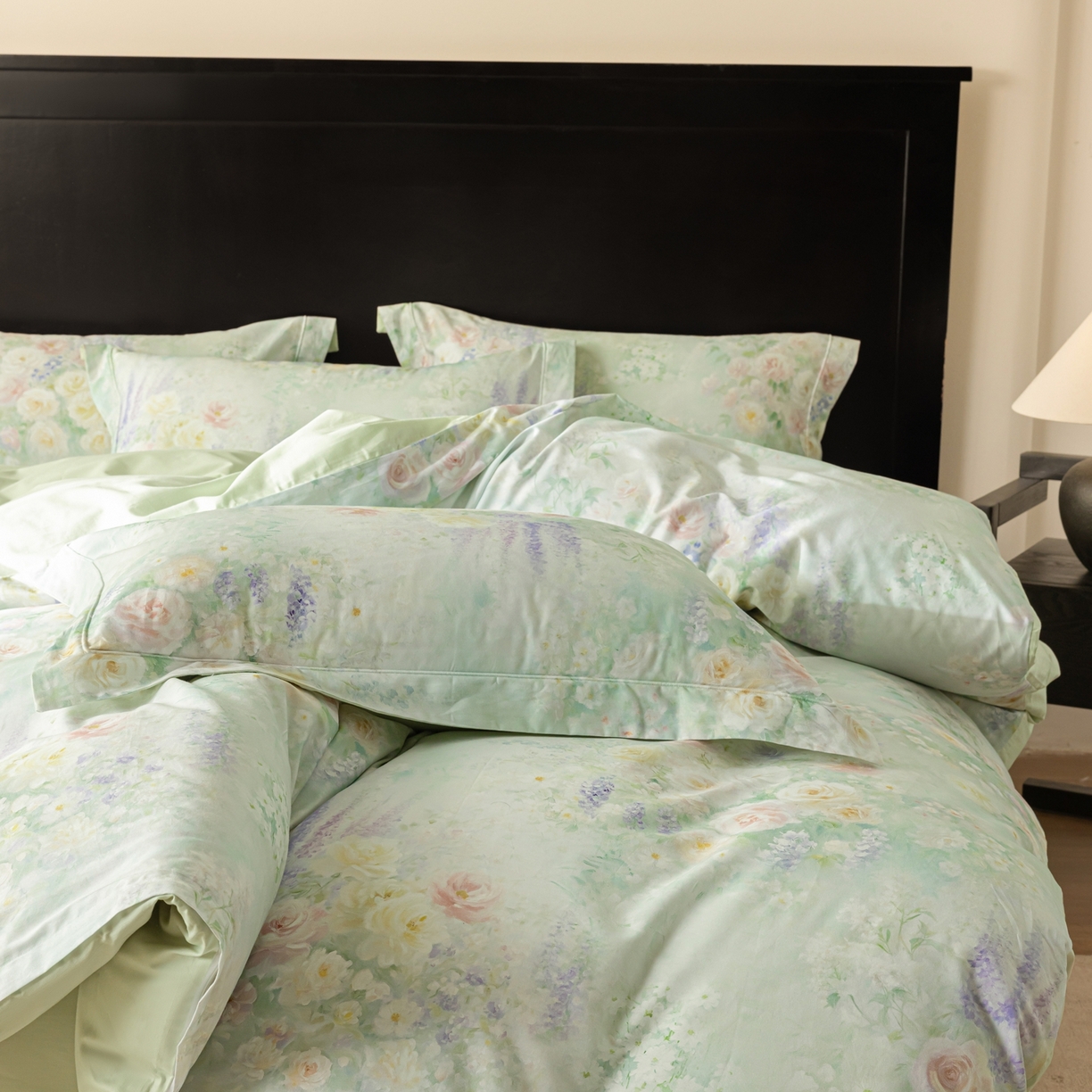 91家纺网 家纺一手货源 找家纺 莱豫家纺 2026新款50s阿克苏长绒棉数码印花四件套 花悦容